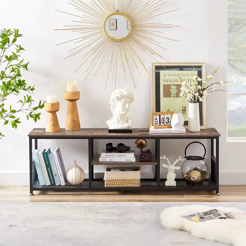 Meuble TV industriel, Console multimédia avec rangement et étagère grillagée pour salon/chambre, Marron