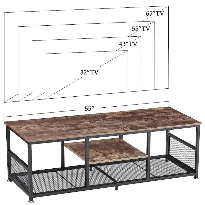 Meuble TV industriel, Console multimédia avec rangement et étagère grillagée pour salon/chambre, Marron