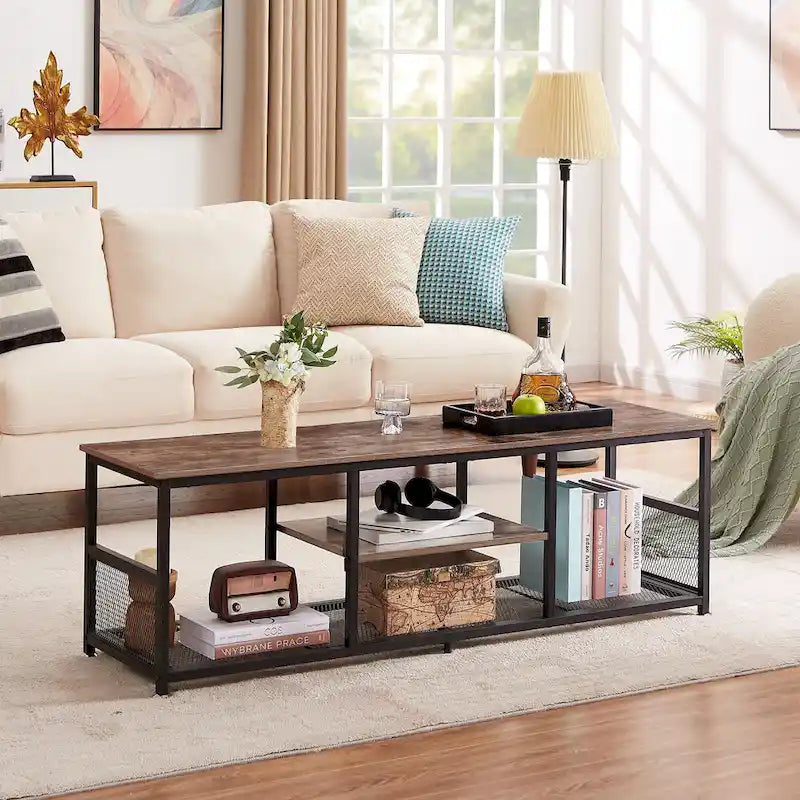 Meuble TV industriel, Console multimédia avec rangement et étagère grillagée pour salon/chambre, Marron