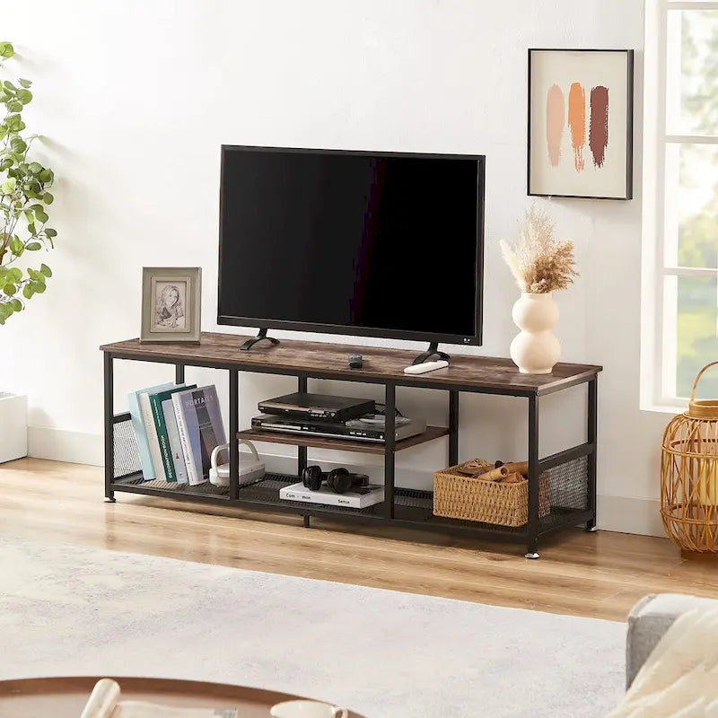 Meuble TV industriel, Console multimédia avec rangement et étagère grillagée pour salon/chambre, Marron