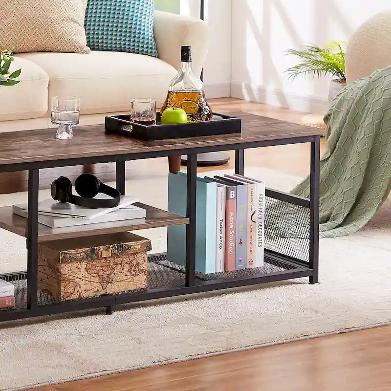 Meuble TV industriel, Console multimédia avec rangement et étagère grillagée pour salon/chambre, Marron