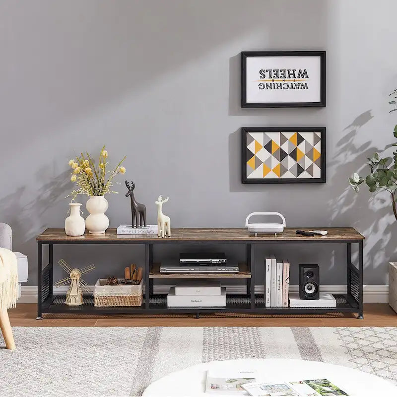 Meuble TV industriel, Console multimédia avec rangement et étagère grillagée pour salon/chambre, Marron