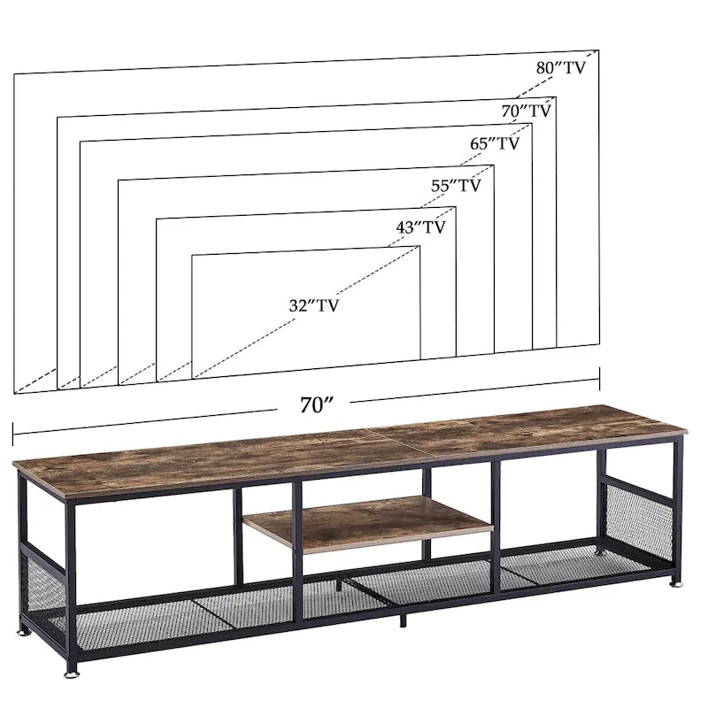 Meuble TV industriel, Console multimédia avec rangement et étagère grillagée pour salon/chambre, Marron
