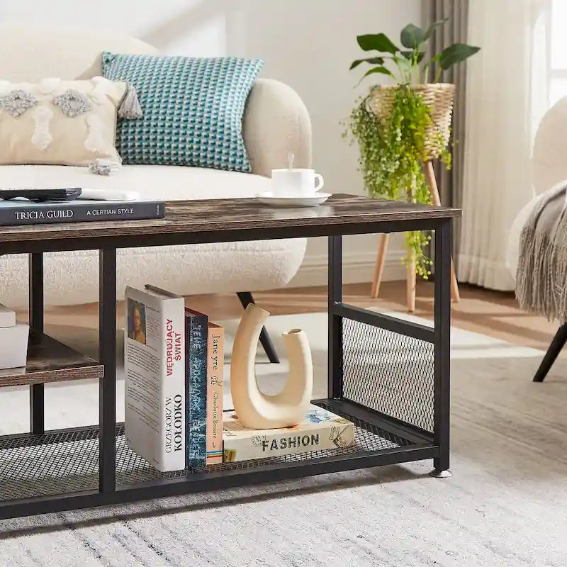 Meuble TV industriel, Console multimédia avec rangement et étagère grillagée pour salon/chambre, Marron
