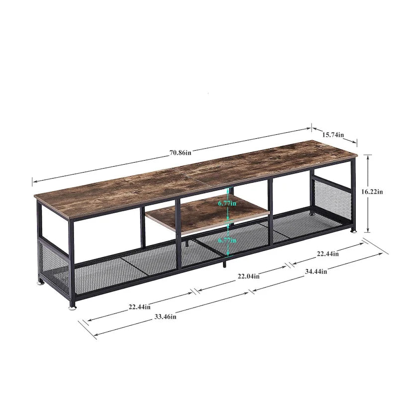 Meuble TV industriel, Console multimédia avec rangement et étagère grillagée pour salon/chambre, Marron