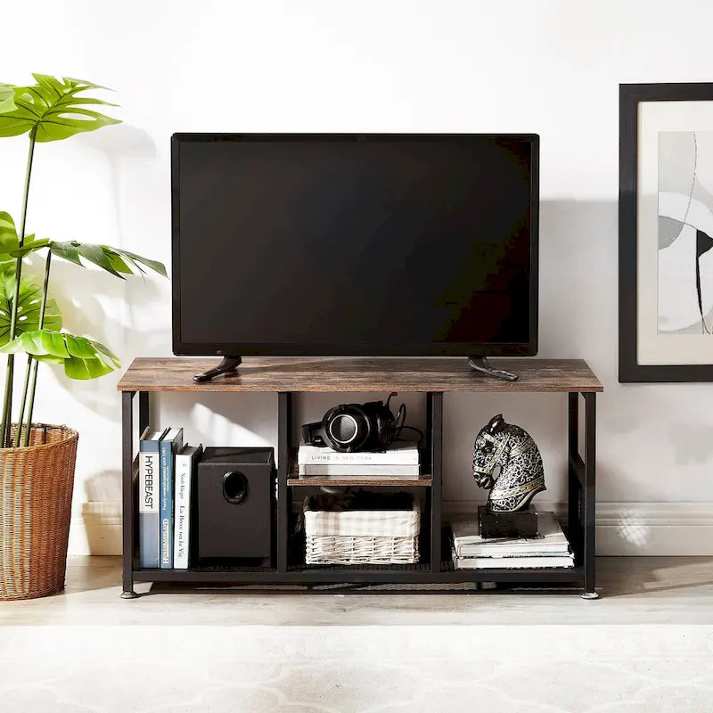 Meuble TV industriel, Console multimédia avec rangement et étagère grillagée pour salon/chambre, Marron