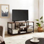 Meuble TV industriel, Console multimédia avec rangement et étagère grillagée pour salon/chambre, Marron