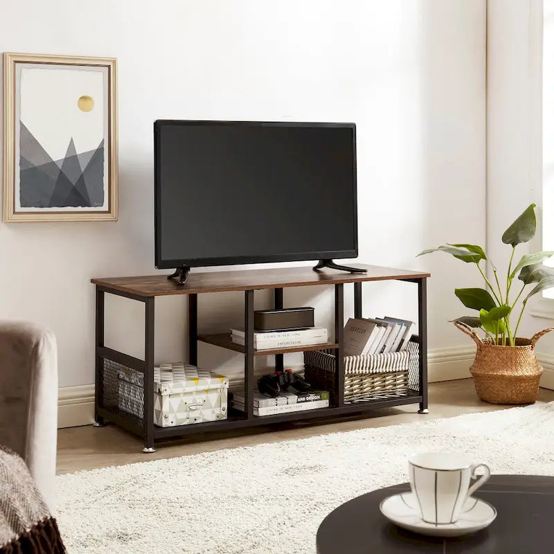 Meuble TV industriel, Console multimédia avec rangement et étagère grillagée pour salon/chambre, Marron
