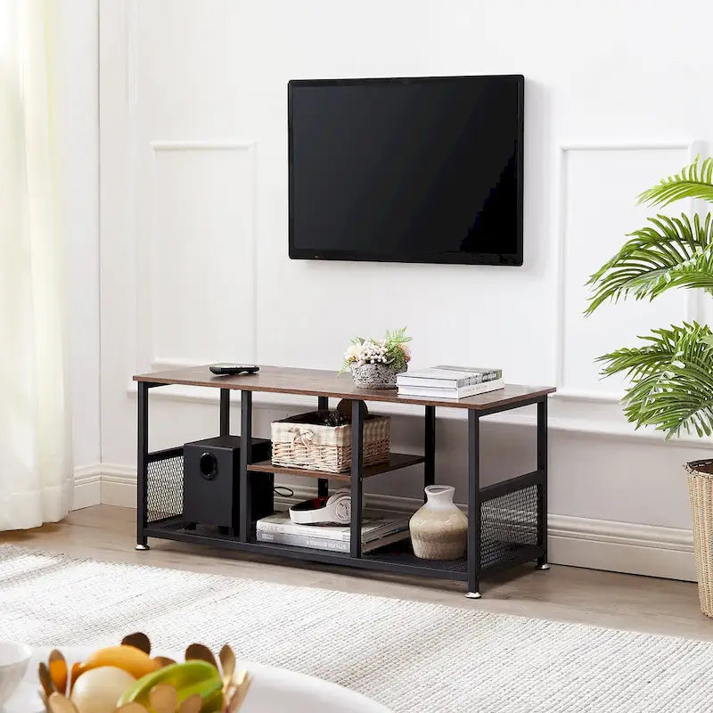 Meuble TV industriel, Console multimédia avec rangement et étagère grillagée pour salon/chambre, Marron