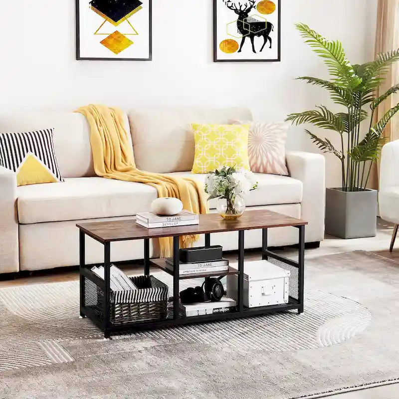 Meuble TV industriel, Console multimédia avec rangement et étagère grillagée pour salon/chambre, Marron