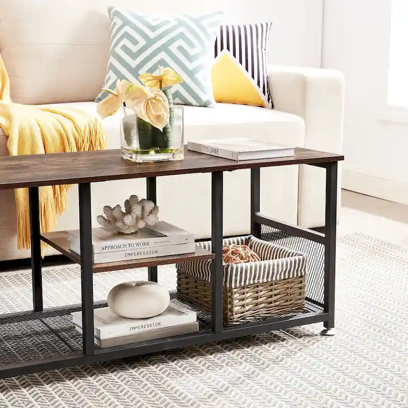 Meuble TV industriel, Console multimédia avec rangement et étagère grillagée pour salon/chambre, Marron