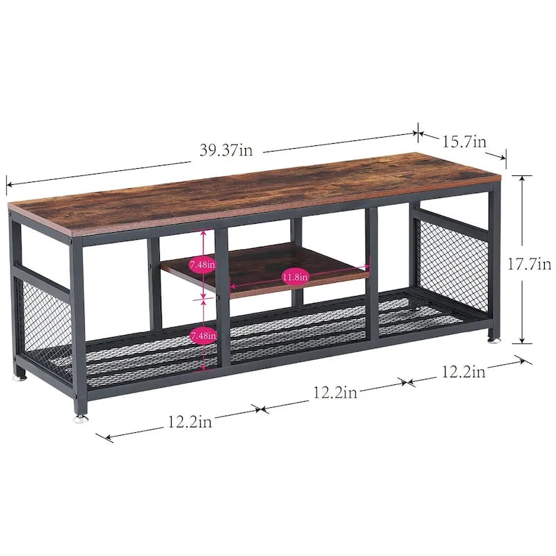 Meuble TV industriel, Console multimédia avec rangement et étagère grillagée pour salon/chambre, Marron