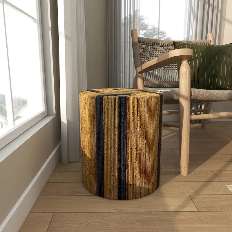 Table d'appoint linéaire faite à la main en feuille de bananier avec rayures colorées, décor Roche River marron