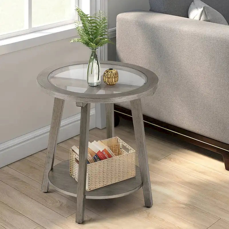 2-Tier Silver Round Glass Table for Living Room - 22 W x 22 D x 24H