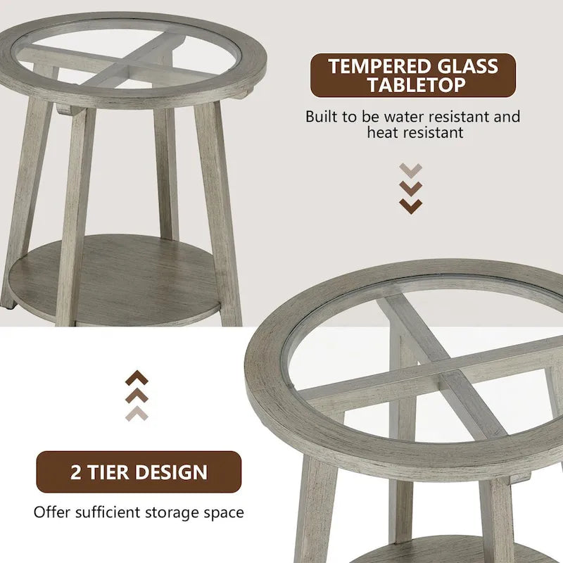 2-Tier Silver Round Glass Table for Living Room - 22 W x 22 D x 24H