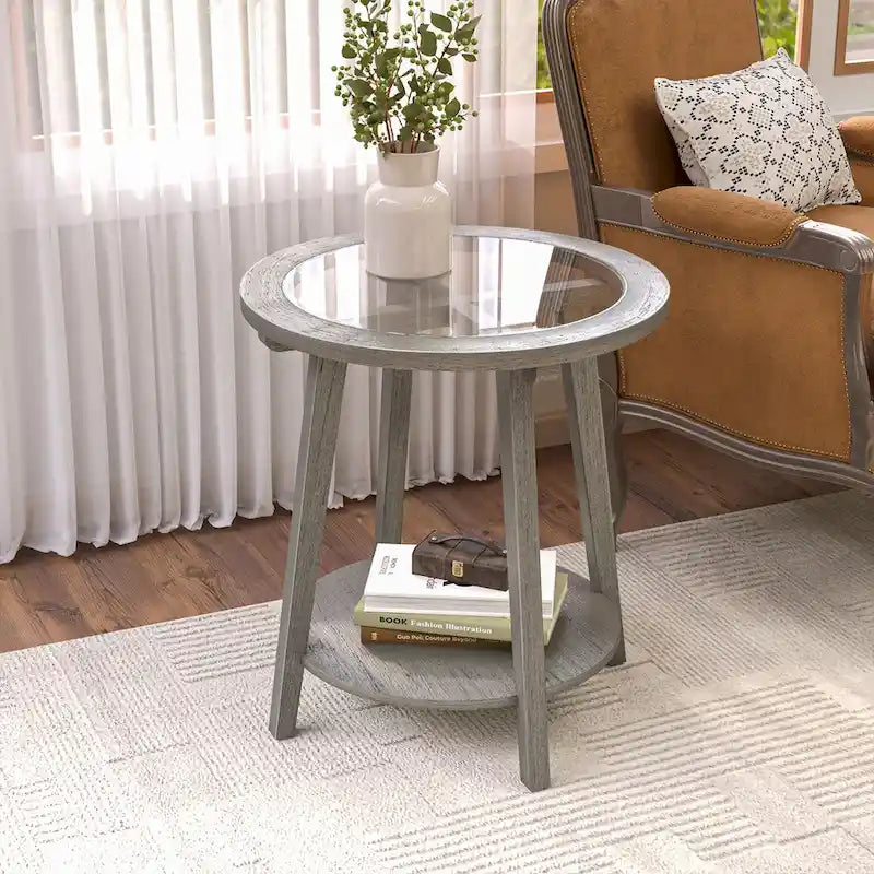 2-Tier Silver Round Glass Table for Living Room - 22 W x 22 D x 24H