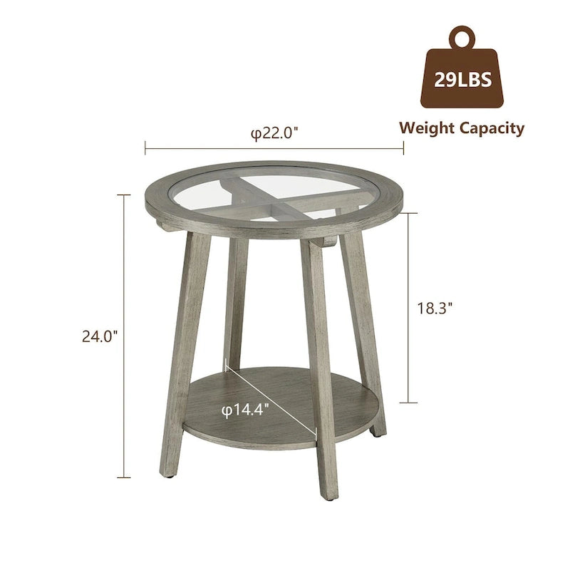 2-Tier Silver Round Glass Table for Living Room - 22 W x 22 D x 24H