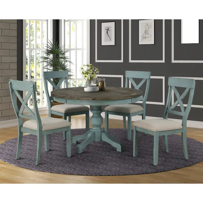 Table de salle à manger ronde en bois bicolore bleu et marron