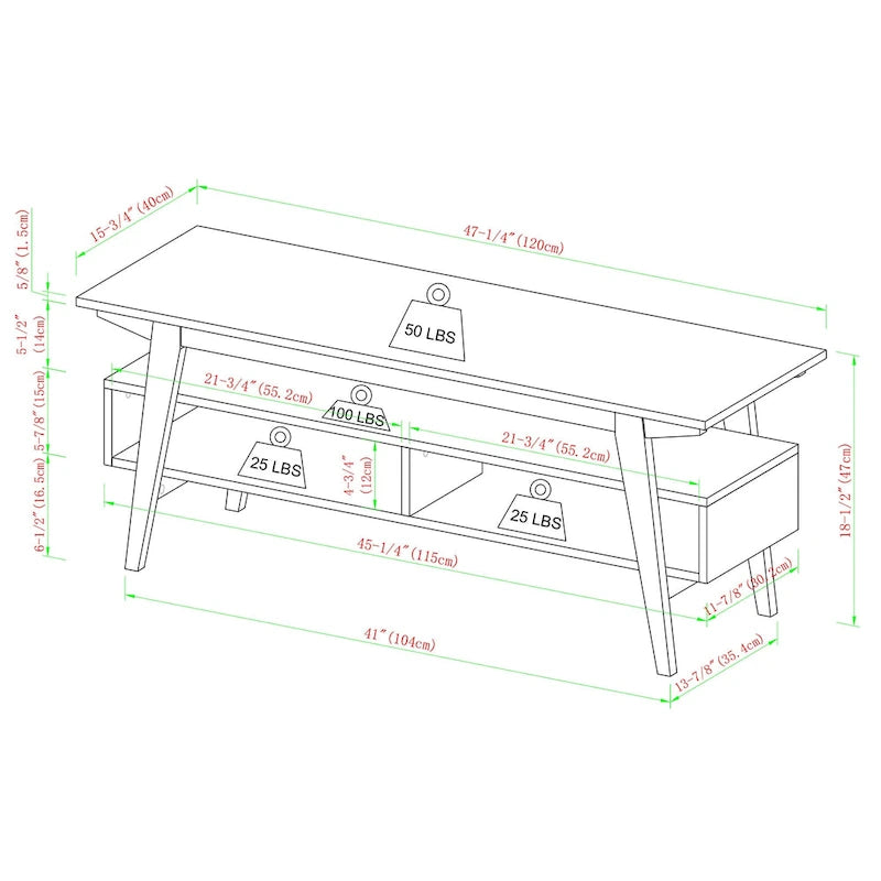 Meuble TV minimaliste contemporain en bois massif de 119 cm