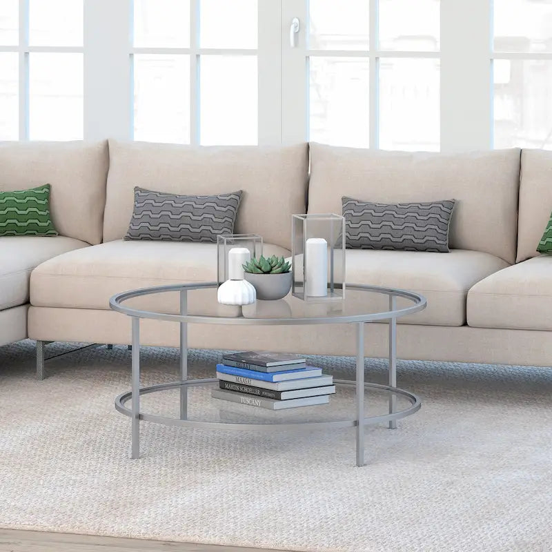 Table basse ronde de 36 po de large avec plateau en verre – 36 po de large