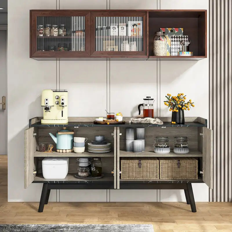 Buffet de cuisine de 140 cm, vaisselier, table d'appoint, bar à café avec rangement et portes pour salle à manger, salon, entrée