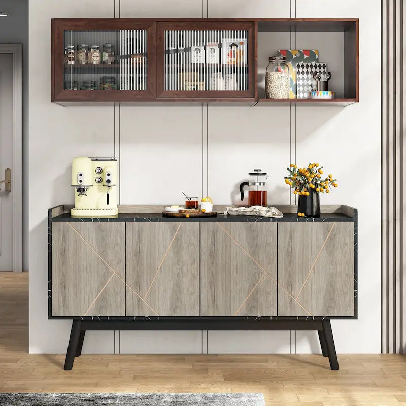 Buffet de cuisine de 140 cm, vaisselier, table d'appoint, bar à café avec rangement et portes pour salle à manger, salon, entrée