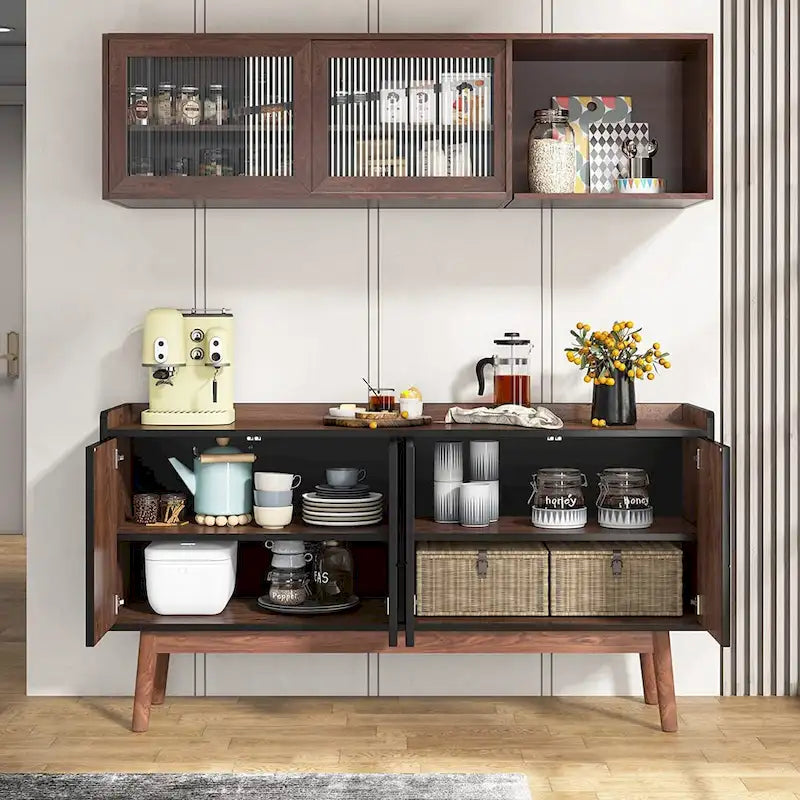 Buffet de cuisine de 140 cm, vaisselier, table d'appoint, bar à café avec rangement et portes pour salle à manger, salon, entrée