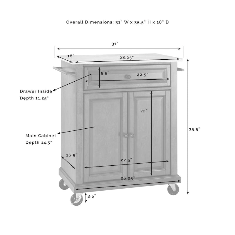 Desserte de cuisine portative en granit – 31 po L x 18 po P x 35,5 po H