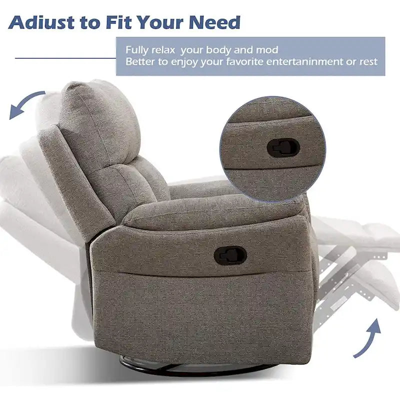 Fauteuil inclinable manuel pivotant et basculant en tissu rembourré