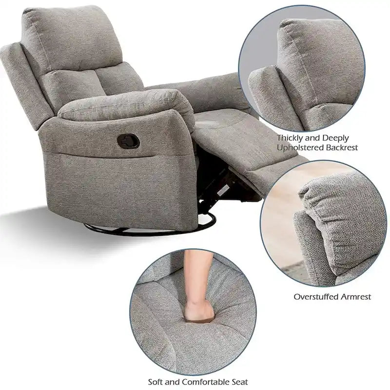 Fauteuil inclinable manuel pivotant et basculant en tissu rembourré