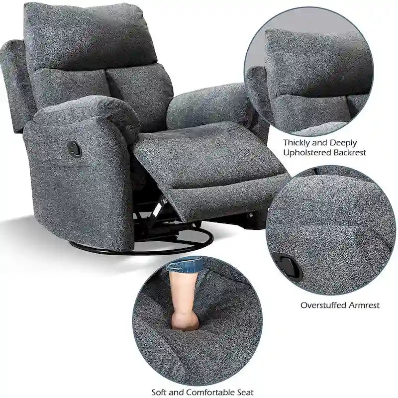 Fauteuil inclinable manuel pivotant et basculant en tissu rembourré