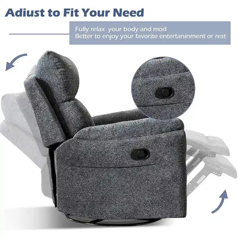 Fauteuil inclinable manuel pivotant et basculant en tissu rembourré