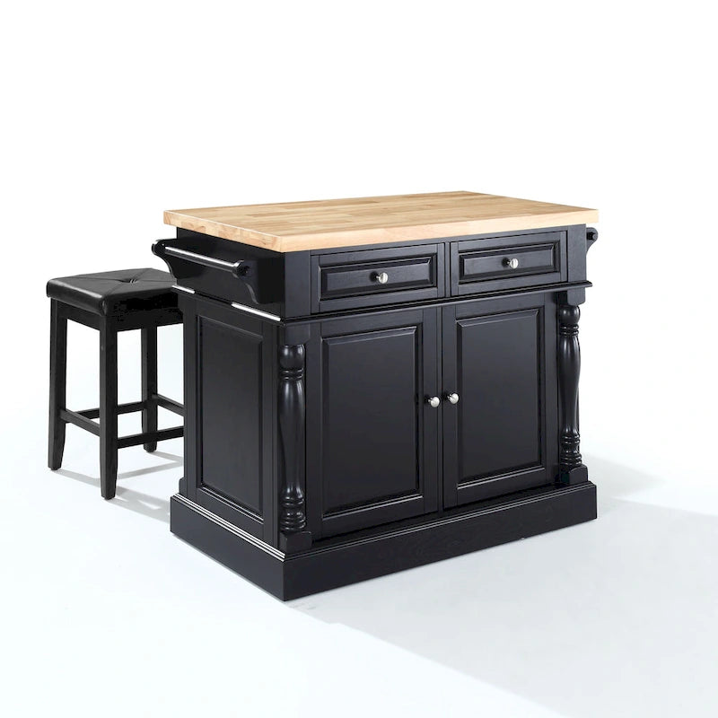 Îlot de cuisine avec billot et tabourets, fini noir – 47,75 larg. x 23 prof. x 35,75 haut.