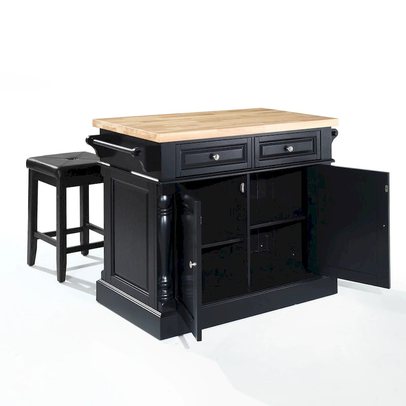 Îlot de cuisine avec billot et tabourets, fini noir – 47,75 larg. x 23 prof. x 35,75 haut.