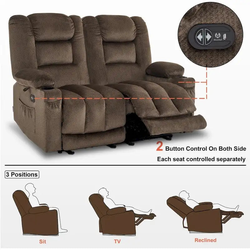 Canapé inclinable électrique deux places avec fonction chauffante et massante, en tissu PR648
