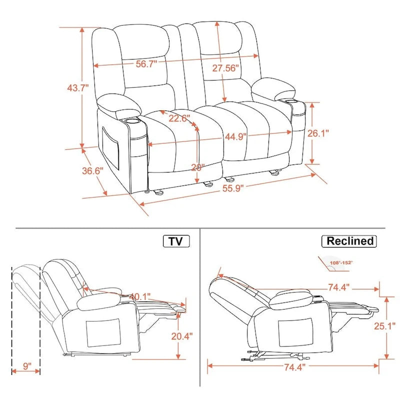 Canapé inclinable électrique deux places avec fonction chauffante et massante, en tissu PR648