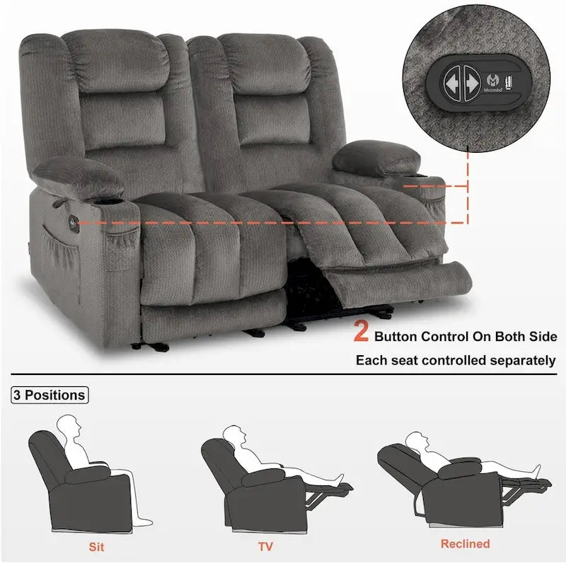 Canapé inclinable électrique deux places avec fonction chauffante et massante, en tissu PR648