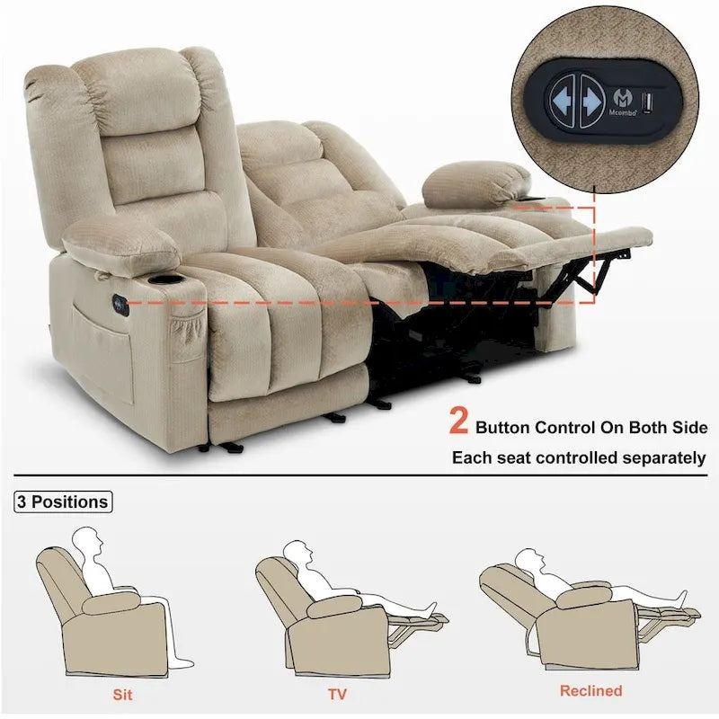 Canapé inclinable électrique deux places avec fonction chauffante et massante, en tissu PR648