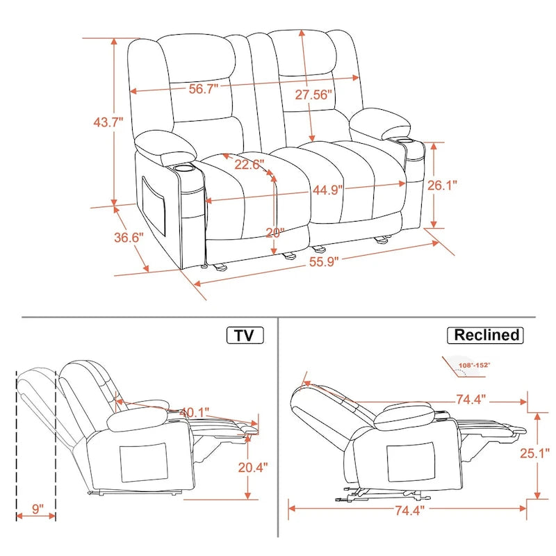 Canapé inclinable électrique deux places avec fonction chauffante et massante, en tissu PR648