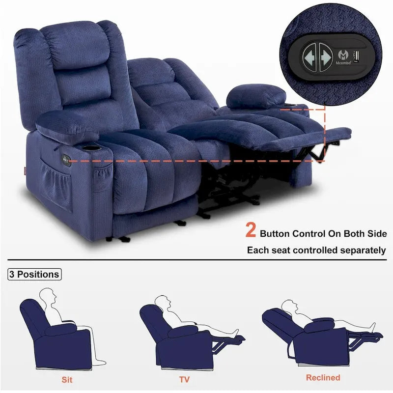 Canapé inclinable électrique deux places avec fonction chauffante et massante, en tissu PR648