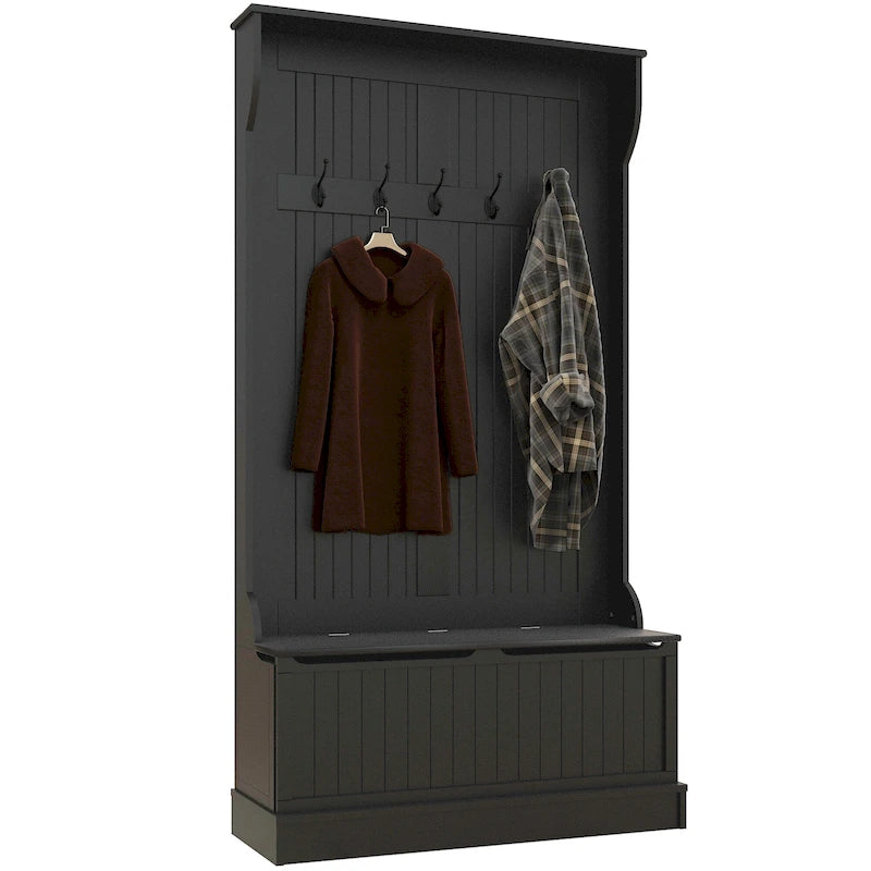 38 3-In-1 Entryway Hall Tree with Storage Bench, Coat Rack with Four Hooks and Shoe Storage, Black