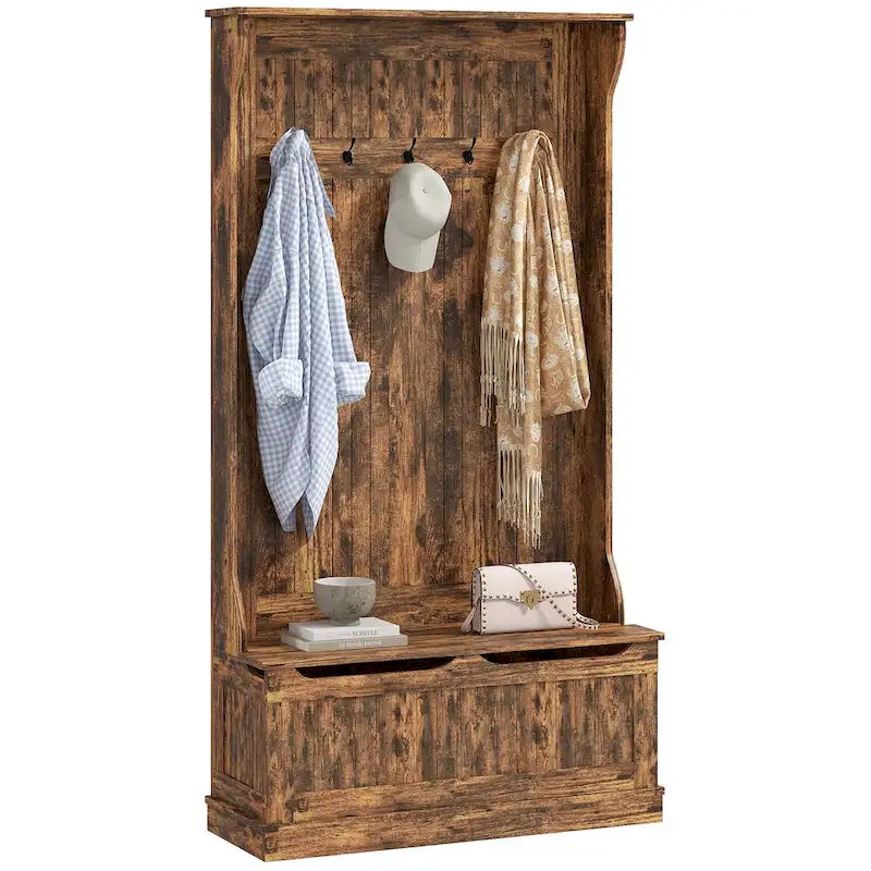 38 3-In-1 Entryway Hall Tree with Storage Bench, Coat Rack with Four Hooks and Shoe Storage, Black