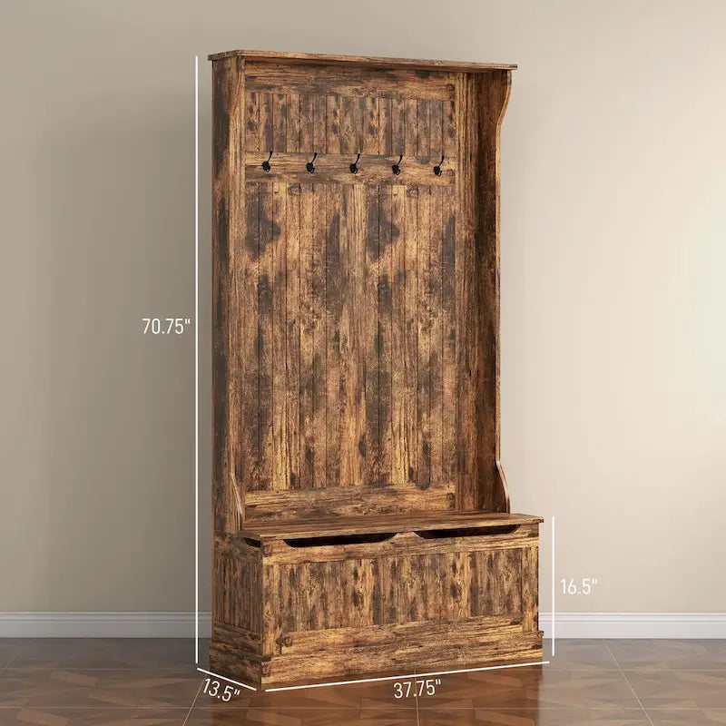 38 3-In-1 Entryway Hall Tree with Storage Bench, Coat Rack with Four Hooks and Shoe Storage, Black