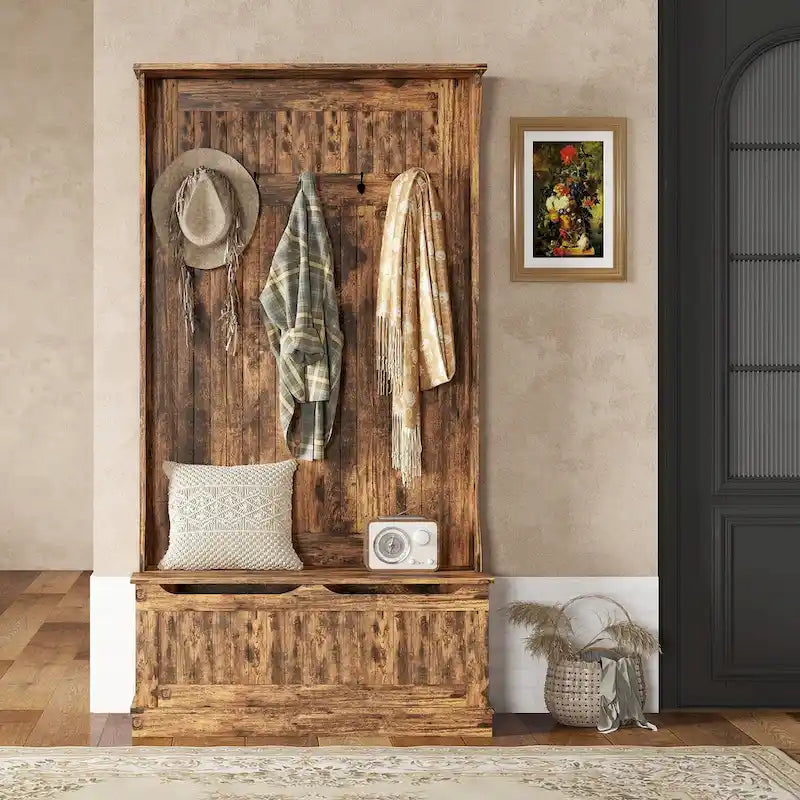 38 3-In-1 Entryway Hall Tree with Storage Bench, Coat Rack with Four Hooks and Shoe Storage, Black
