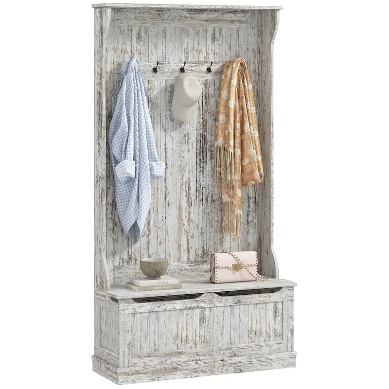 38 3-In-1 Entryway Hall Tree with Storage Bench, Coat Rack with Four Hooks and Shoe Storage, Black