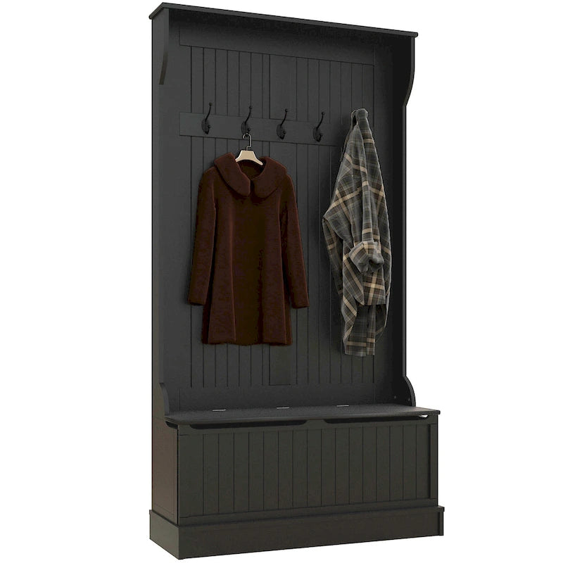 38 3-In-1 Entryway Hall Tree with Storage Bench, Coat Rack with Four Hooks and Shoe Storage, Black
