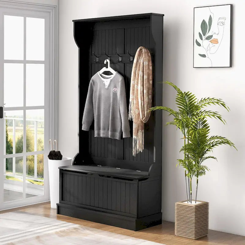 38 3-In-1 Entryway Hall Tree with Storage Bench, Coat Rack with Four Hooks and Shoe Storage, Black