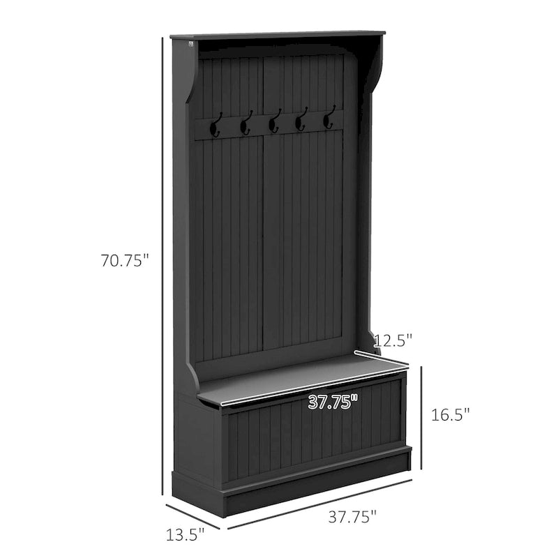 38 3-In-1 Entryway Hall Tree with Storage Bench, Coat Rack with Four Hooks and Shoe Storage, Black