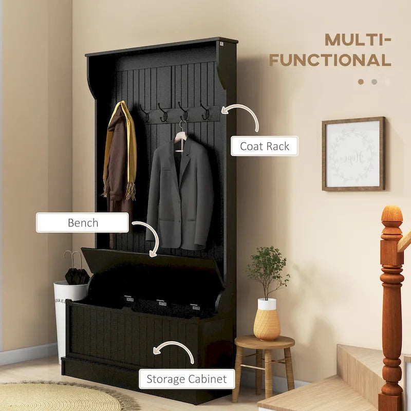 38 3-In-1 Entryway Hall Tree with Storage Bench, Coat Rack with Four Hooks and Shoe Storage, Black