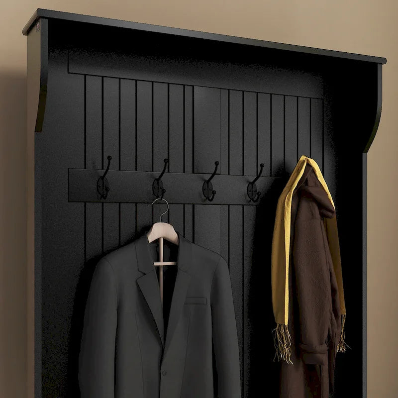 38 3-In-1 Entryway Hall Tree with Storage Bench, Coat Rack with Four Hooks and Shoe Storage, Black